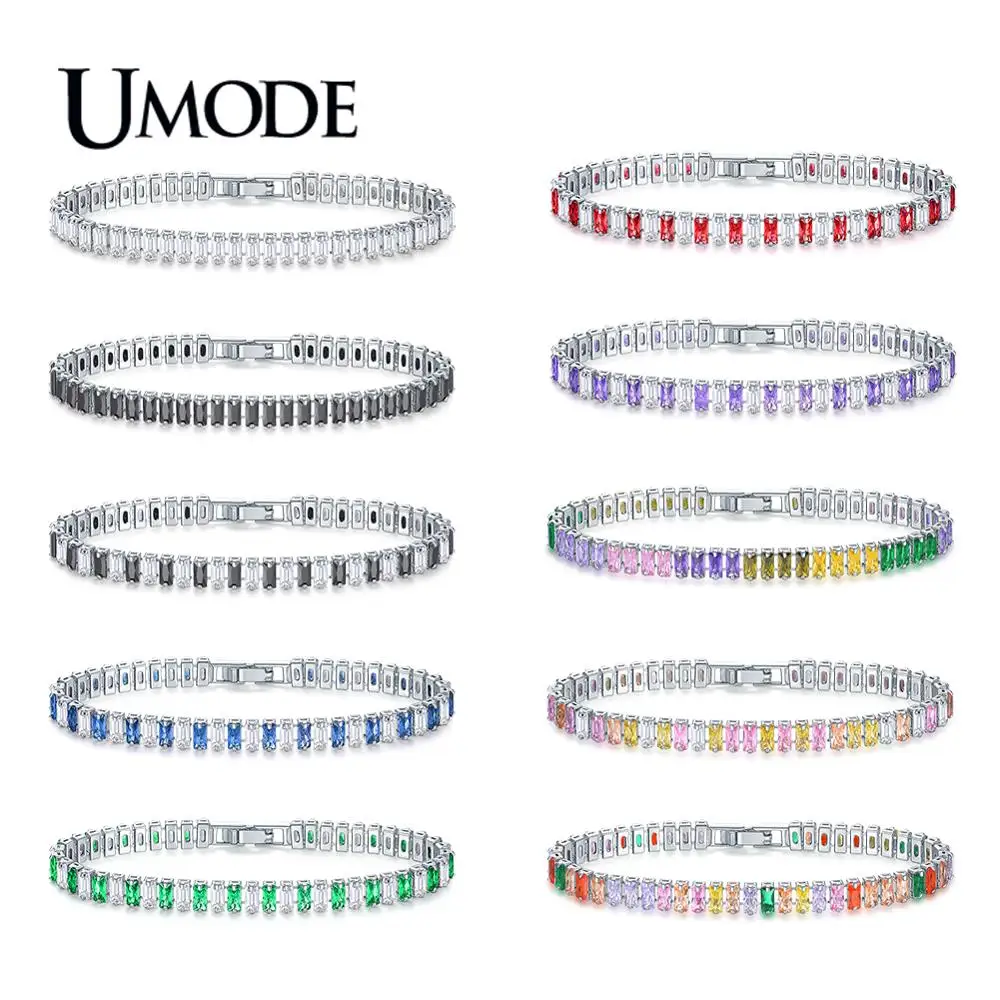

UMODE Fashion New Colorful CZ Crystal Tennis Bracelet for Women Men Rectangle Zircon White Gold Box Chain Jewelry Bijoux AUB0181