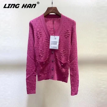 

LINGHAN Fashion Button wool Cardigan Women's Casual Solid V-Neck Long sleeve knitting Sweater Designer Spring Summer New