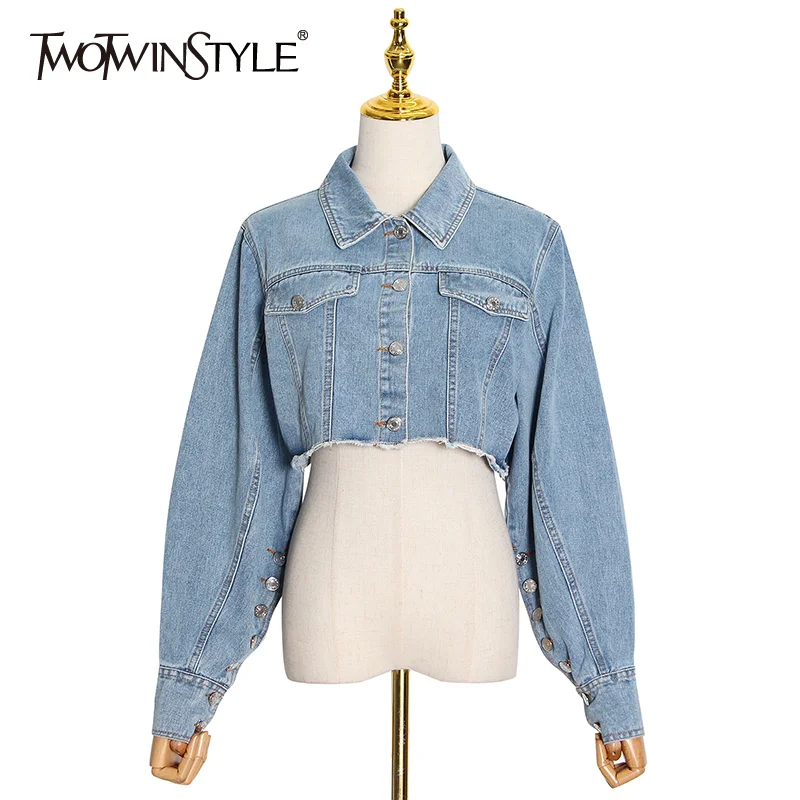 TWOTWINSTYLE сексуальные джинсовые короткие топы для женщин с отворотом длинным