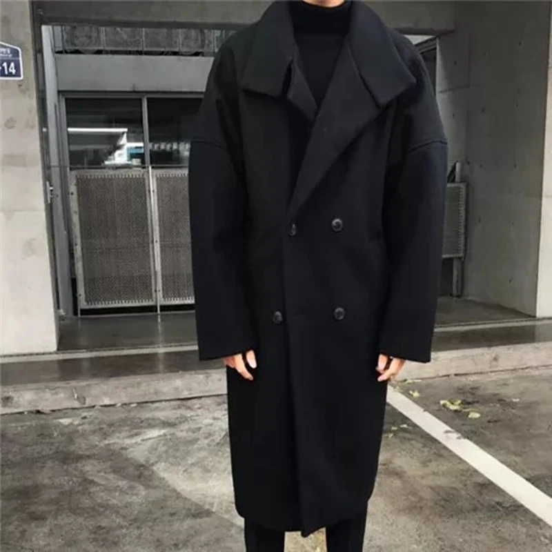 TANG Winter Men's Casual Black/Grey Overcoat Windbreaker Fashion Trend Wool Blend Thicken Parkas Loose Cashmere Long Coats