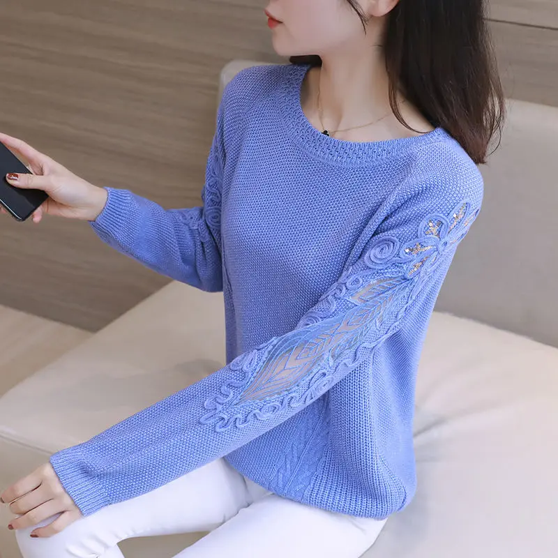 

Lace cutout base sweater women's spring 2020 New loose long sleeve sweater top round neck sweater