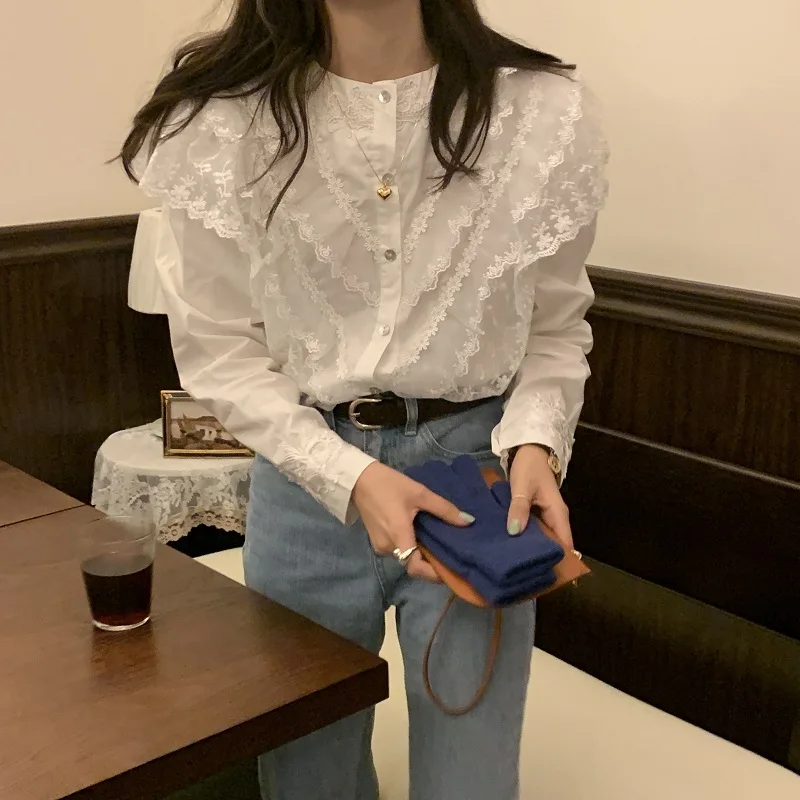 REALEFT Spring Lace Patchwork Women's Shirts Female Blouse Long Sleeve Stand Collar Korean OL Style Women Elegant Blouses