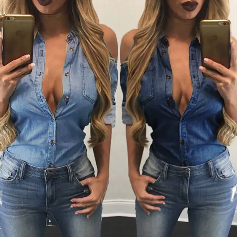 

Hot Sale Lace Up Long Sleeve Off Shoulder Blouse Women Casual Denim Streetwear Shirt Ladies Tops Elegant Shirts Plus Size