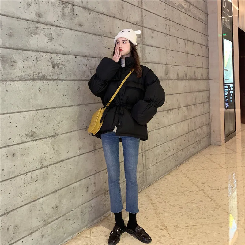 Теплая куртка с поясом на талии Harajuku, уличная одежда, пальто с лентами, зимняя женская толстая стеганая верхняя одежда, куртка с карманами, хлопковые парки
