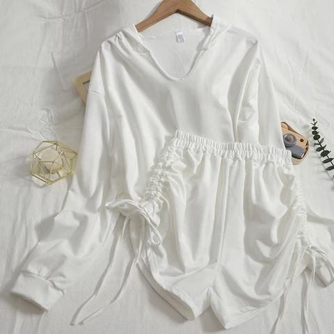 Autumn short hooded Sweatshirt loose top with casual double drawstring straight shorts two-piece suit Women trend Full