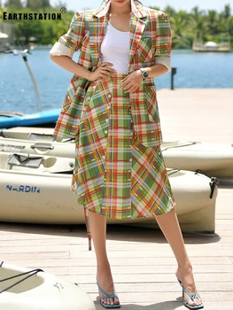

Lapel Color Plaid Blazer Two-piece Suit Ladies Autumn New Style + High Waist Double Breasted Buttoned Hip Skirt Fashion Suit