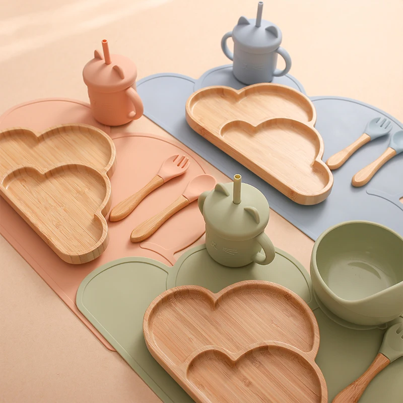 6pcs Baby Silicone Plate Spoon Set Baby Feeding Silicone Bowl  for kid Non-slip Bamboo Wood Dinner Plate Silicone Tableware 2