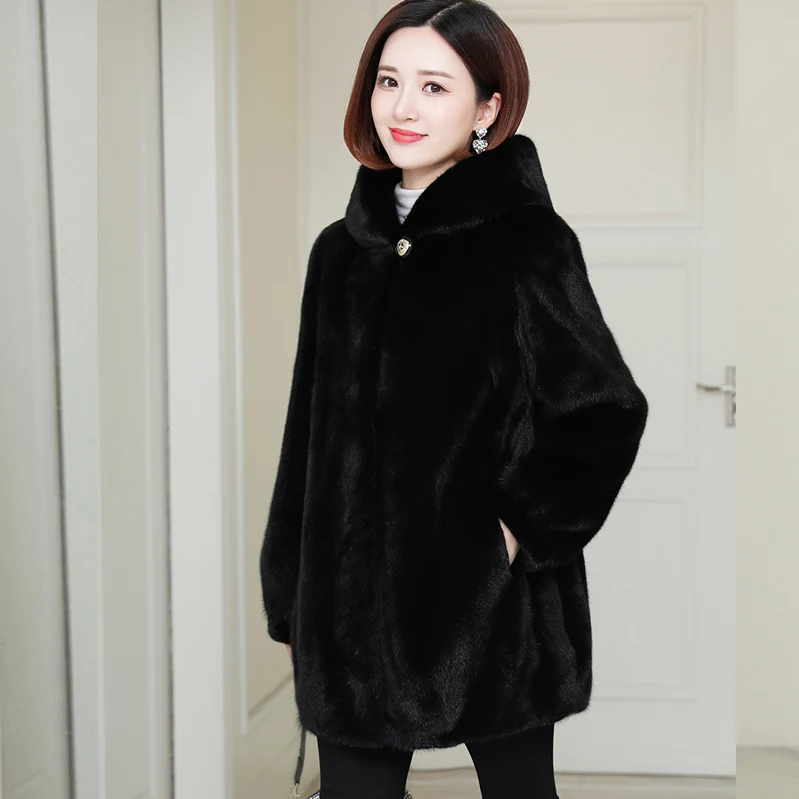 

New 2020 Autumn Winter Imitation Mink Velvet Overcoat Women Thick Warm Outwear Hooded Mid Length Faux Fur Coat Female Parka