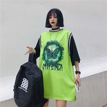 

Lychee Girls Retro Butterfly Letter Print Women T Shirts Basketball Short-sleeved T-shirt Summer Fake Two-piece Lady Tops Tee