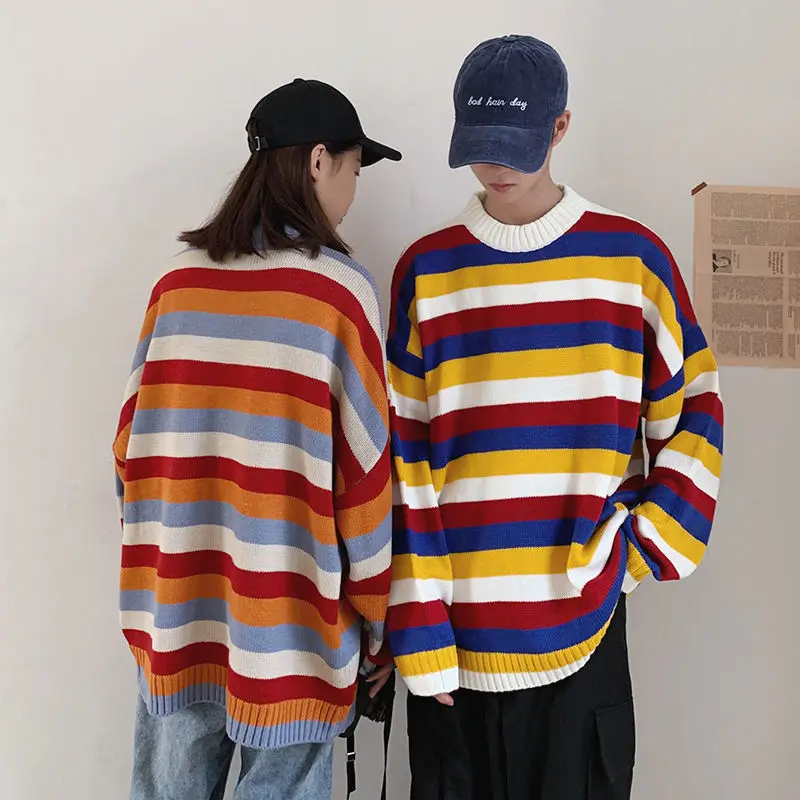 

Winter Striped Sweater Men's Warm And Fashionable Hit Color Casual Knit Pullover Men Streetwear Loose Couple Sweaters Clothes