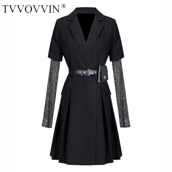 

Loose Women Black Rhinestone Split Joint Suit Dress Lapel Long Sleeve Loose Fit Fashion Tide Spring Autumn 2020 2LCV