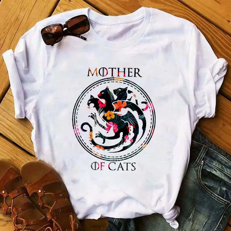 

Graphic Print Cat and Flower T-shirt for Women Summer Fashion Harajuku Short sleeved Black Cat Graphic T-shirt for women tops