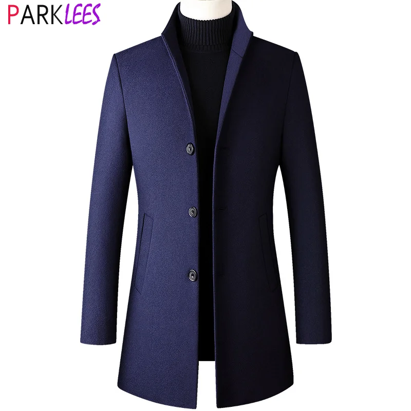 

Men's Royal Blue Long Wool Trench Coat 2021 Winter New Slim Fit Single Breasted Wool&Blends Coat Stand Collar Thick Warm Pea Coa