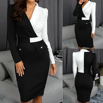 

Women Elegant long sleeve Office Dress Summer 2020 Black And White Patchwork Tunic Midi Dresses Ladies Slim Pencil Dress Women