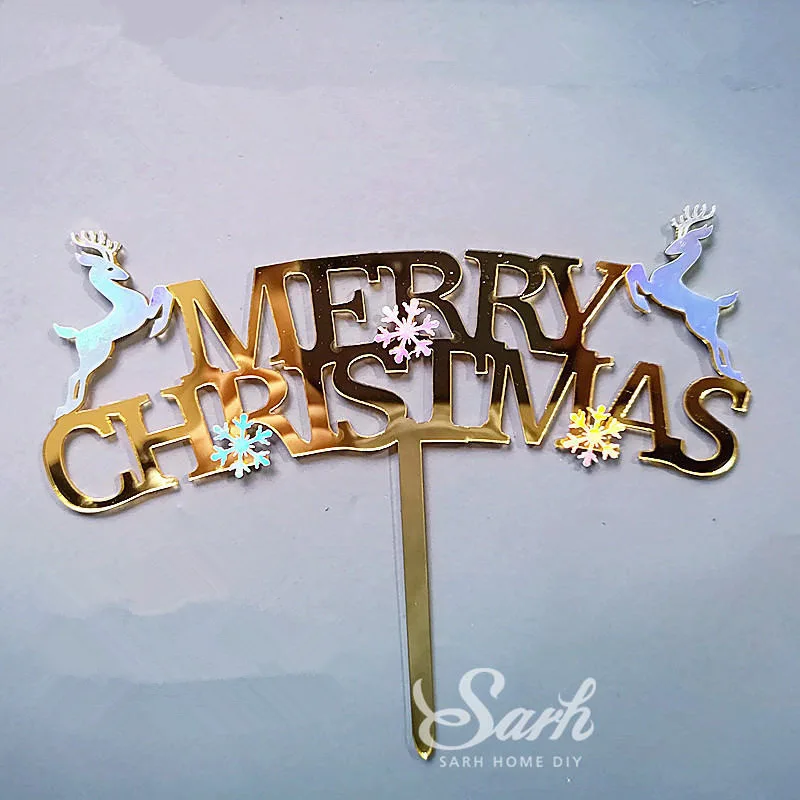 

Merry Christmas Cake Topper Gold Silver Elk Frozen Party Acrylic Snowflake Decorating Sweet Gifts for Baking Supplies