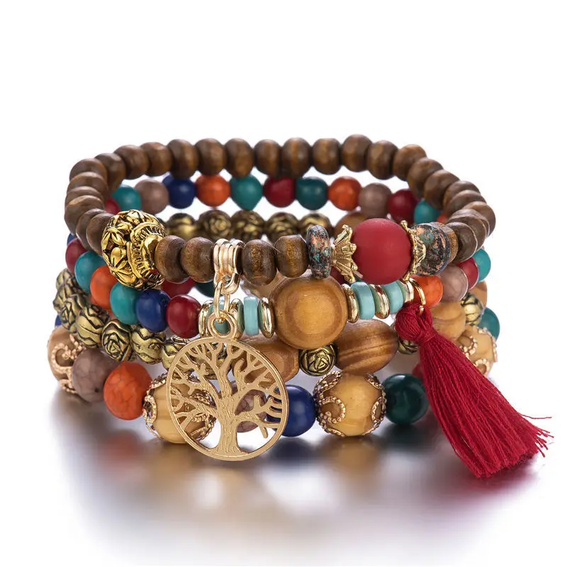 Bohemian Wooden Beads Beaded Bracelet Set For Women Ethnic Vintage Life Tree Tassel Charm Bracelets &amp Bangles | Украшения и