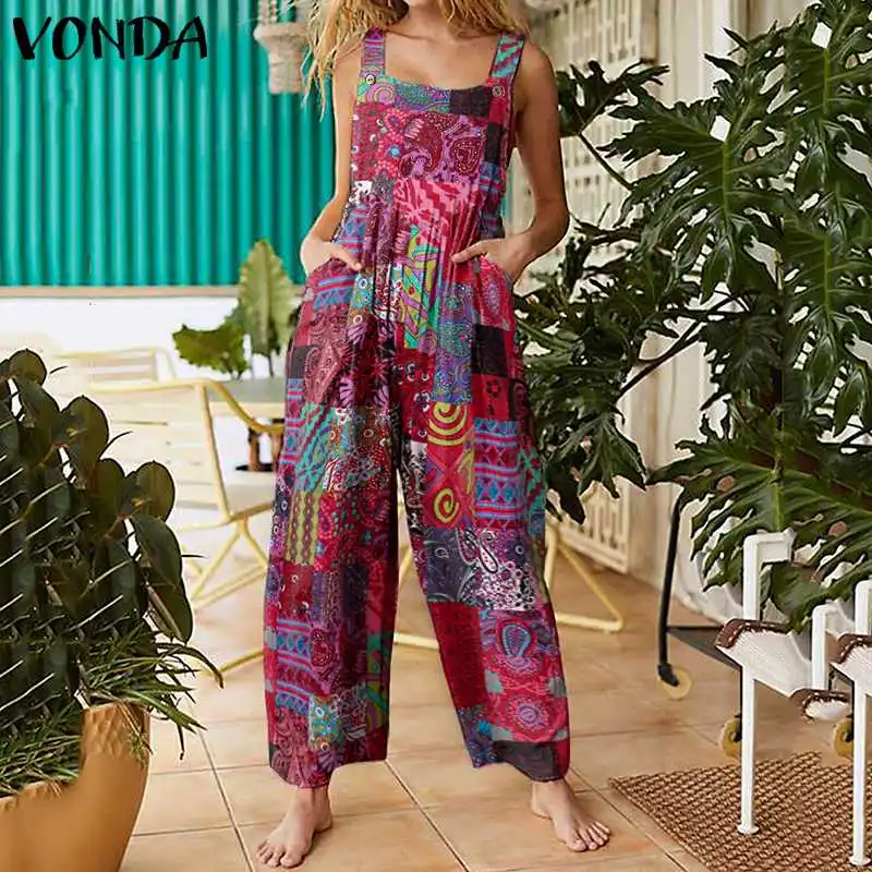 VONDA Women Rompers Casual Loose Long Jumpsuit Sexy Sleeveless Cotton Wide Leg Pants Bohemian Printed Overalls Pantalon 5XL VONDA Women Rompers Casual Loose Long Jumpsuit Sexy Sleeveless Cotton Wide Leg Pants Bohemian Printed Overalls Pantalon 5XL