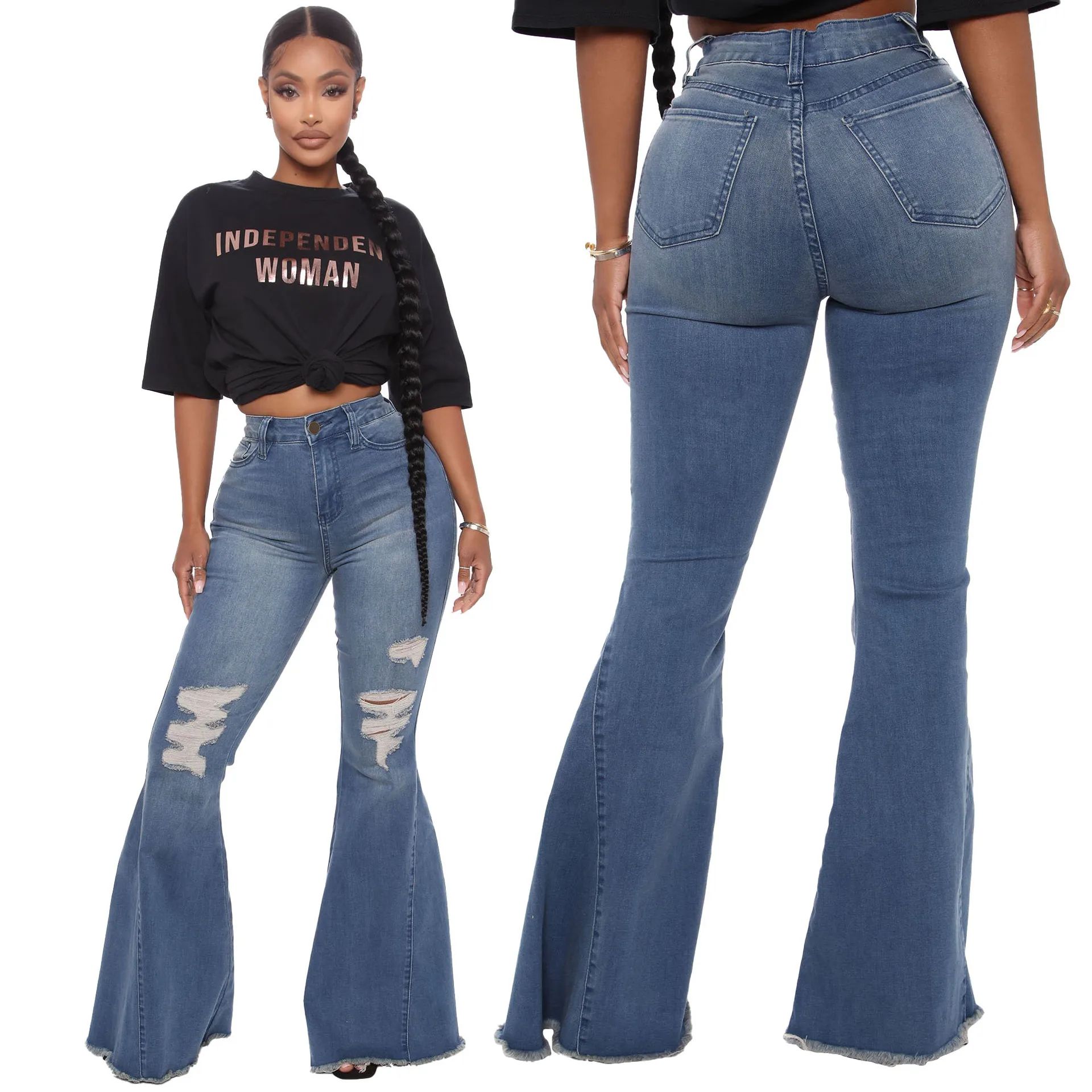 HSF2366 Fashion all-match wide leg denim stretch flared pants with holes in the knee