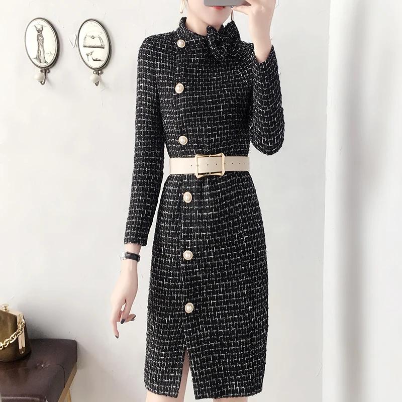 

2019 Autumn Winter Dress Women Fashion Wool Tweed Dresses Women Elegant Side Split Belted Vestidos Female Office Work Robes