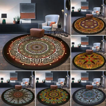 

Bohemian Mandala Ethnic Round Carpet Shining Black Carpets for Living Room Anti-slip Rug Chair Floor Mat for Home Bedroom Decor