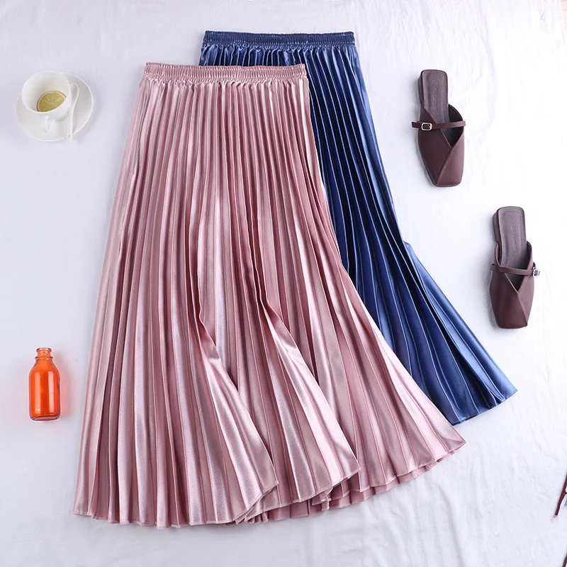 

New Fashion Women Pleated Skirt High Waist Thin Flaring Elastic Waist Bright Long Skirt Female Skirt Mid-calf Swing Middle Skirt