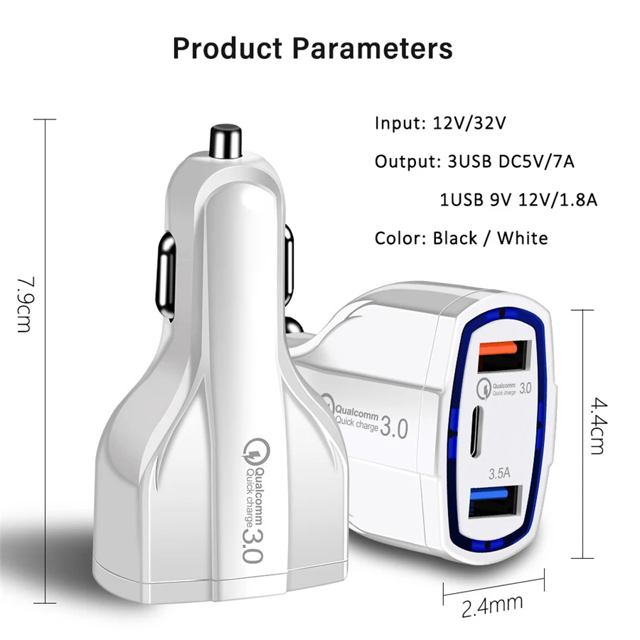 Универсальное автомобильное зарядное устройство 3 USB Quick Charge 3,0 с адаптером быстрой зарядки type-C для iPhone 11 Pro MAX SAMSUNG Note 10+ S10 9 XIAOMI