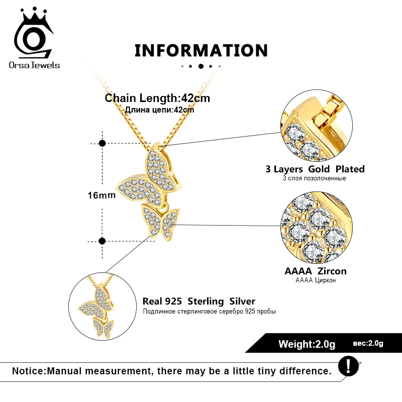 ORSA JEWELS Lovely Two Butterflies Pendant Necklace 925 Sterling Silver Cute Pendant Necklace AAAA Zircon Genuine Jewelry SN191