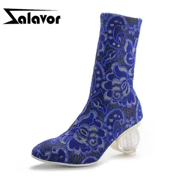 

ZALAVOR Winter Warm Ankle Boots For Women Fashion Embroidery Round Toe High Heels Shoes With Fur Women Footwear Size 34-43