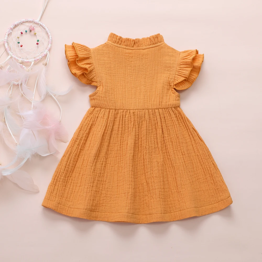 2020 Princess Toddler Kids Baby Girl Dress 1-6Y Solid Linen Button Ruffle Sleeve Turn Down Collar Bow Party A-Line Dress Clothes