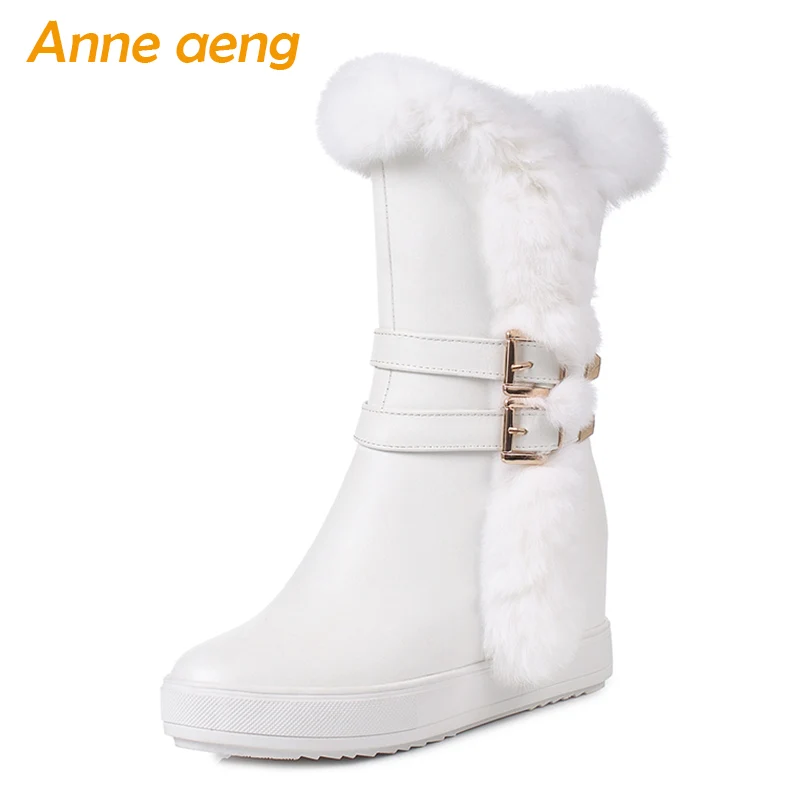 

2019 New Winter Women Snow Boots Wedge Hidden Heel Round Toe Zip Buckle Rabbit Fur Casual Women Platform Shoes White Ankle Boots