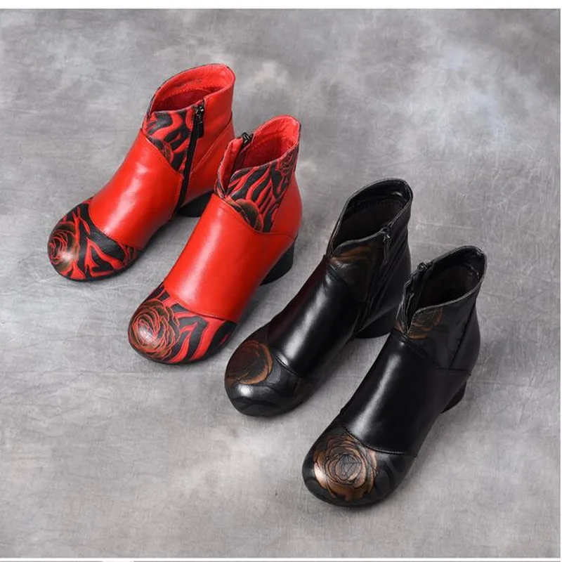 Autumn Winter New Retro Genuine Leather Flat Ankle Boots  Thick Heel Female Casual Shoes Women Snow Boots Mother Warm Boots