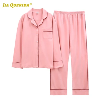 

Loungewear Woman Solid Turn Down Collar Long Sleeve Long Pants Sleepwear Fashion Style Casual Homesuit Homeclothes Front Pocket