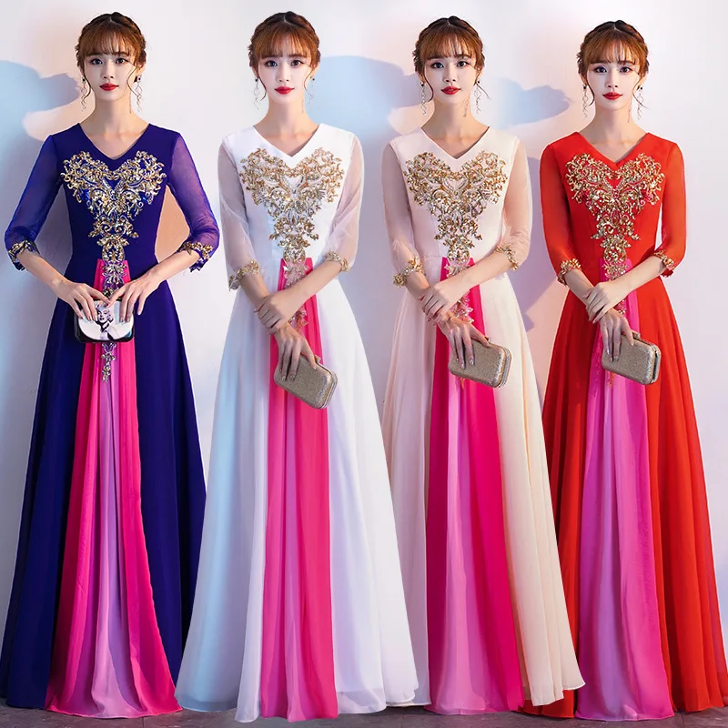 

A-Line Pleated Dress Sexy Women Qipao Cheongsam Summer Appliques Robe De Soiree Exquisite Celebrity Banquet Gown Bling Vestidos