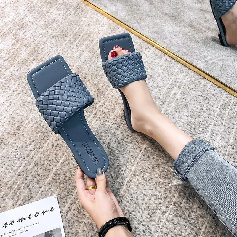 

KATELVADI Big Size 35-43 Summer Blue Weave Slippers Square Toe Shoes Sandals XH-002