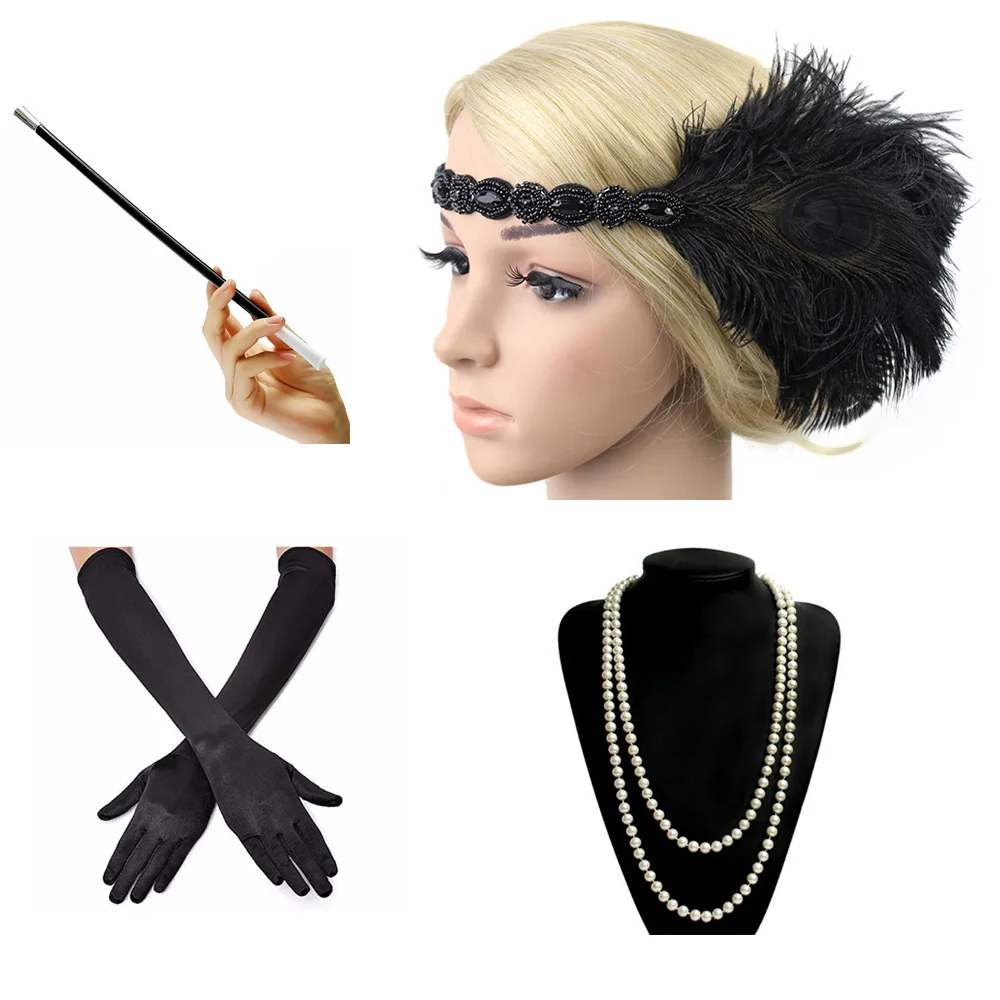 set 219-black 1920s Набор аксессуаров для костюмированной вечеринки "ГРЕЙТ Гэтсби", 20s головная повязка с перьями, жемчужное ожерелье, перчатки, держатель для сигарет, комплект из 4 предметов - Цвет: set 219-black
