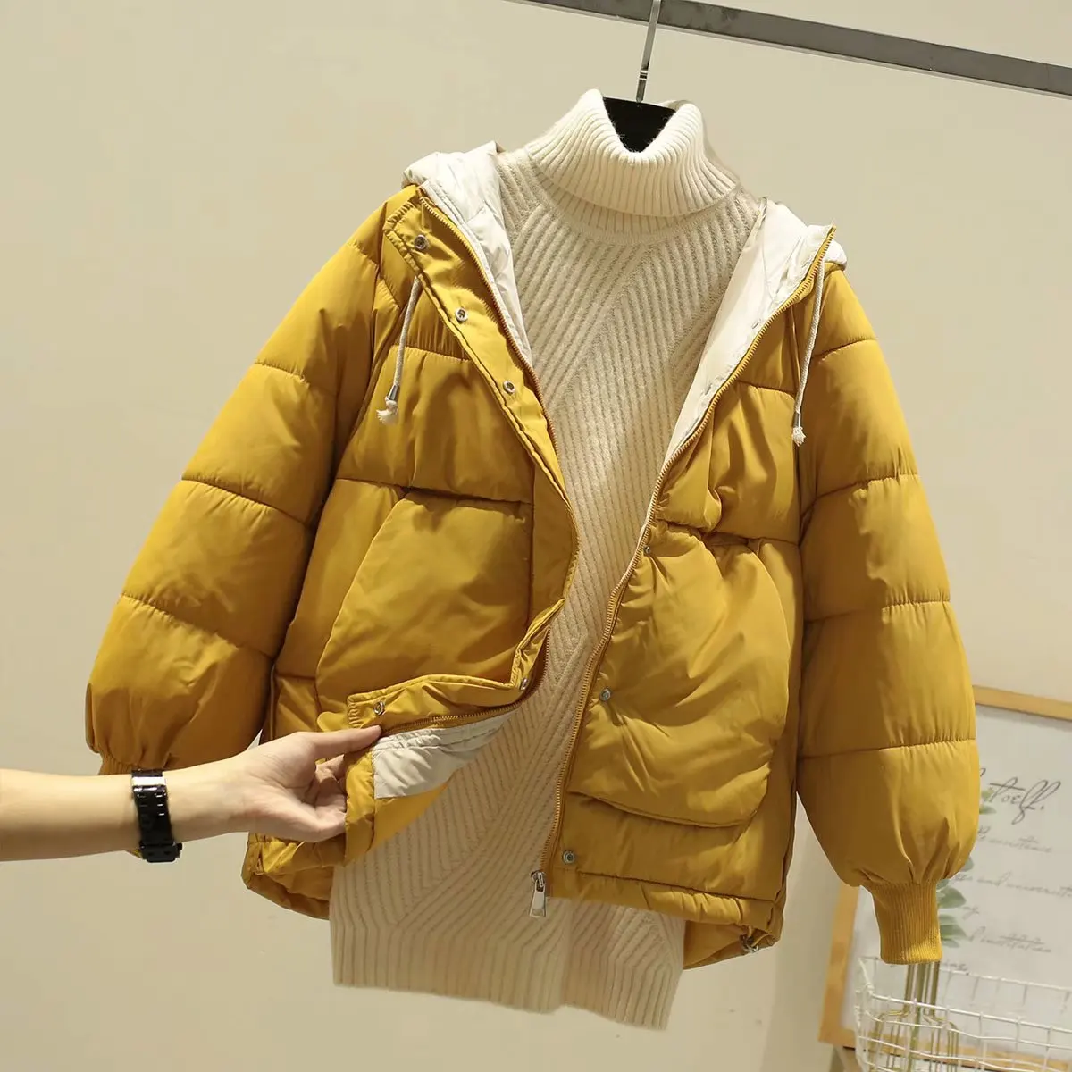 

Origional Lightweight down Coat Women's 2019 New Style Double Layer Pocket Loose-Fit Short Hooded White Duck down Coat