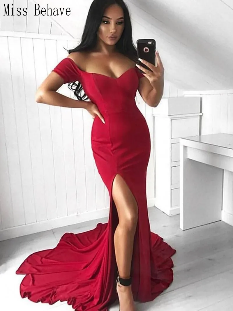 

DD JYOY Sexy Evening Dress with Train Front Splity Elegant Long Formal Dresses Evening Gowns Party Off the Shoulder Open Back