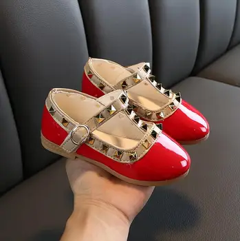 

New Kids Girls Fashion White Red Black Rivet Patent Leather Shoes For Girls School Flat Princess Dress Shoes