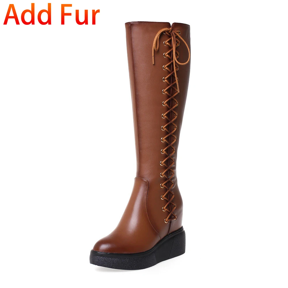 brown add fur BONJOMARISA/Новинка 32-40, качественные сапоги до колена из натуральной кожи женские черные ботинки из органической кожи на шнуровке г. Женская обувь, увеличивающая рост - Цвет: brown add fur