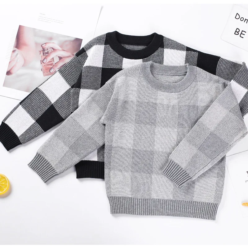Популярный Детский свитер в клетку детский тонкий вязаный свитер с круглым воротником для маленьких мальчиков