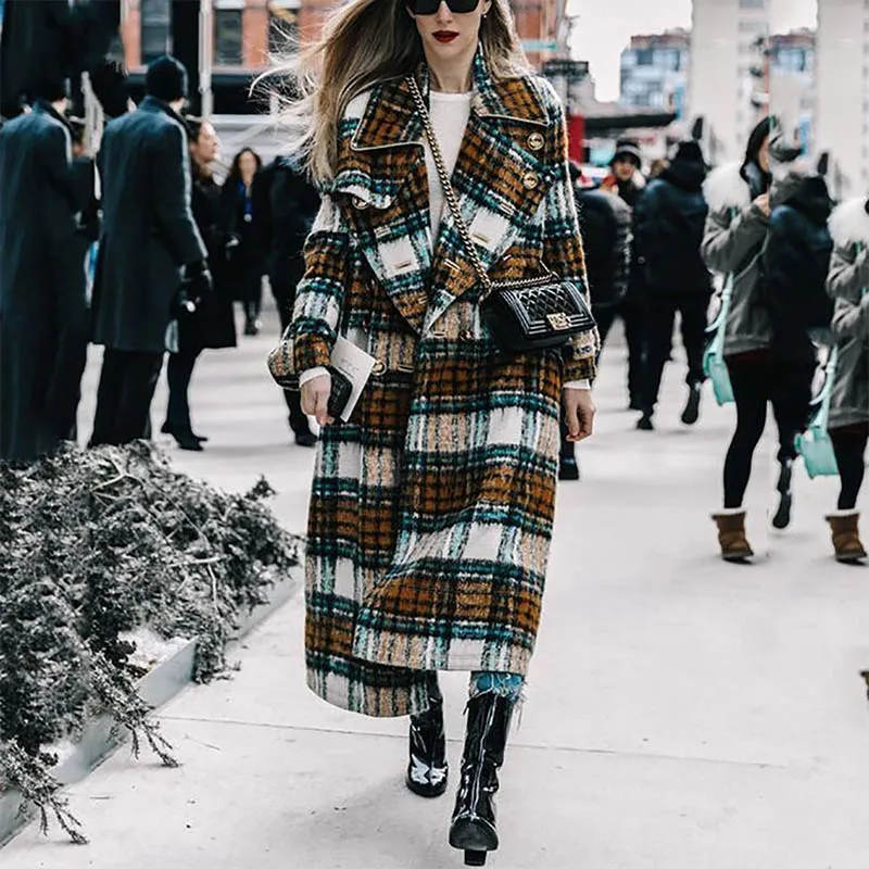 Coat Female Autumn Winter Woolen Plaid Pattern Coats Long Sleeve Coat Casual Thick Warm Wool Jacket Female Outwear