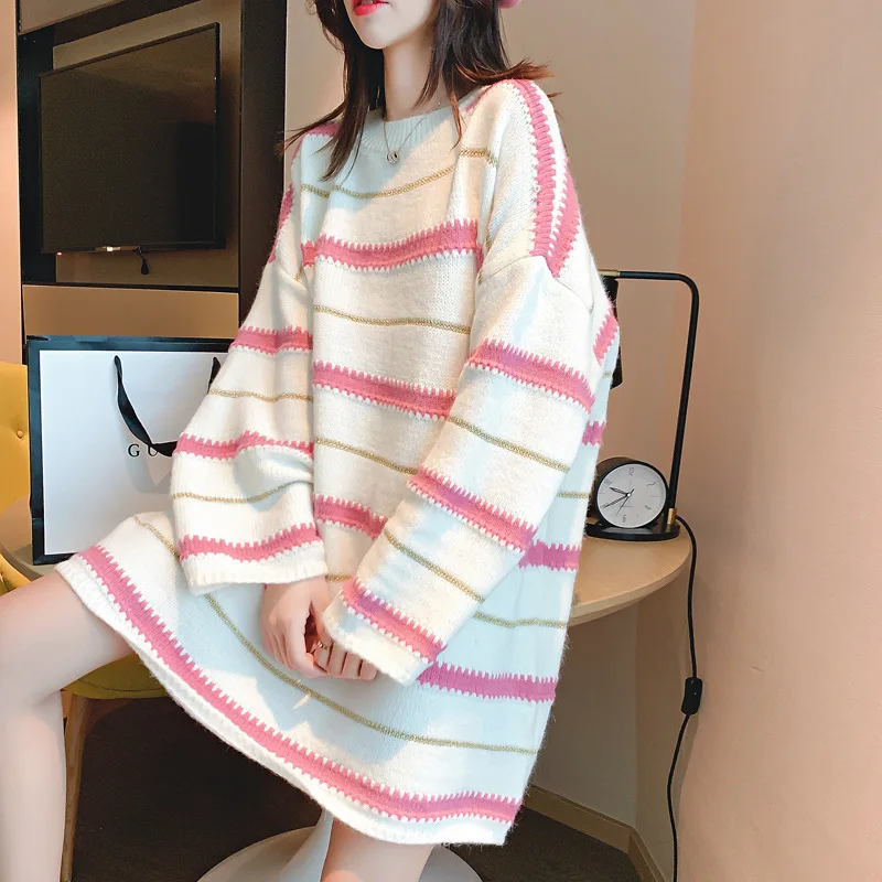 

2019 Autumn And Winter New Style Mid-length Stripes Loose-Fit Sweater Women's Pullover Loose-Fit Laziness-Style Sweater WOMEN'S