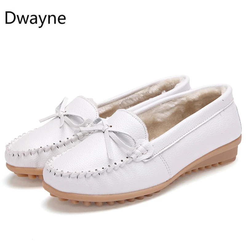 Dwayne Autumn Winter Plus Velvet Leather Flats Non-slip Casual Nurse White Shoes Women's Flat Shoes Female Loafers