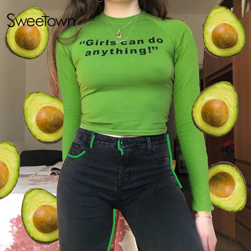 Sweetown, милые женские футболки с длинным рукавом, женские футболки с буквенным принтом и О-образным вырезом, вязаный тонкий сексуальный кроп-Топ Harajuku, базовая Осенняя футболка