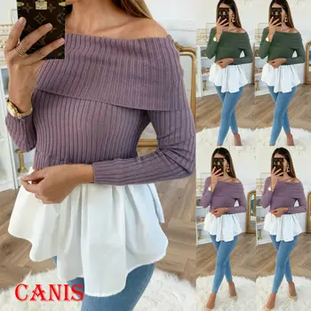 

2019 Autumn new fashion Womens Casual Long Sleeve Pullover Loose Sweater One Shoulder Jumper Solid Sweatshirt Tops