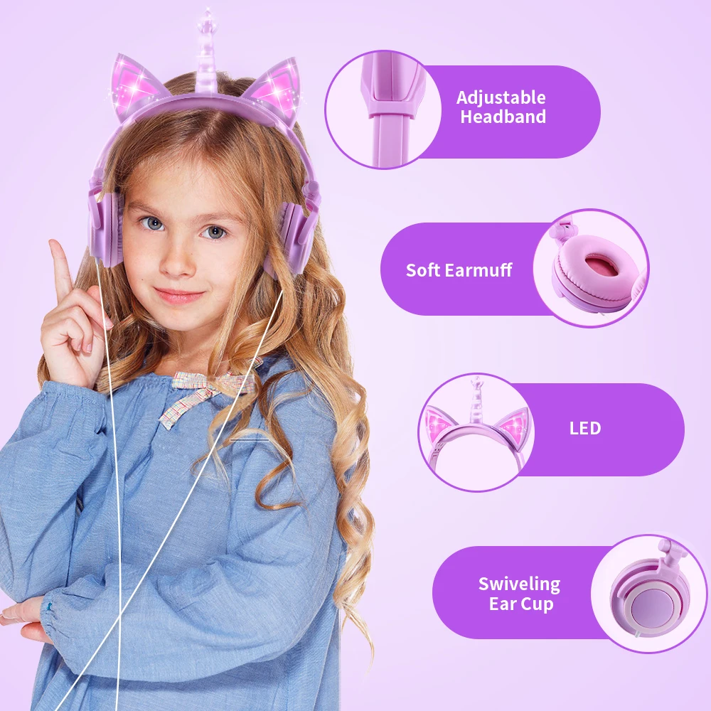 Kids Headphones LED light Unicorn Headset Foldable Stereo Bass Music Headphone For PC Phones Kids Gift