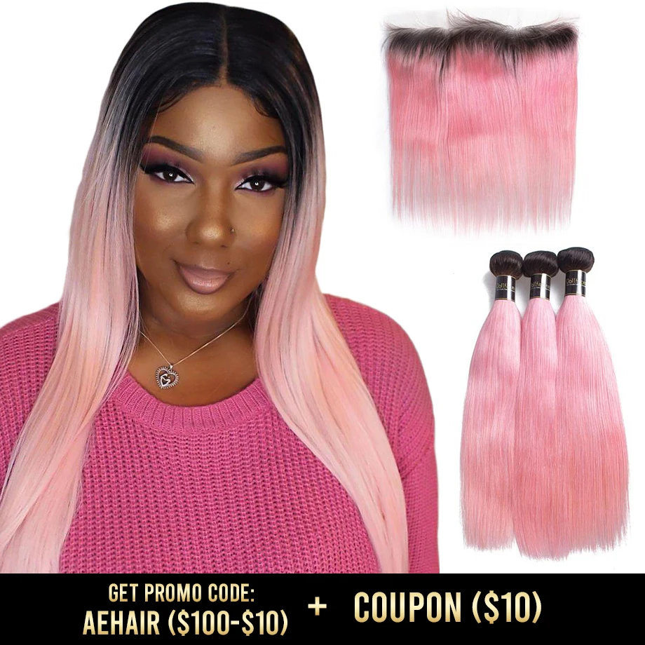 

bundles with frontal ombre pink T1B colored human straight 3 brazilian hair weave bundles hair extensions virgin 30 inch long