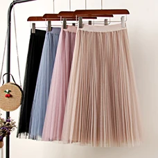 Women-Solid-Chiffon-Mesh-A-Line-Skirt-Vintage-Sweet-High-Waist-Pleated-Mid-Calf-Skirts-Casual