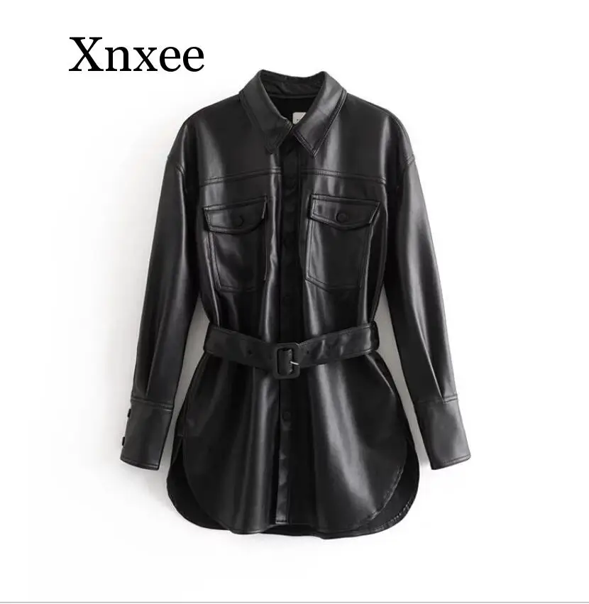 

Slim PU Coats Women Fashion Faux Leather Jackets Women Elegant Tie Belt Waist Pockets Buttons Coats Female Ladies faux leather