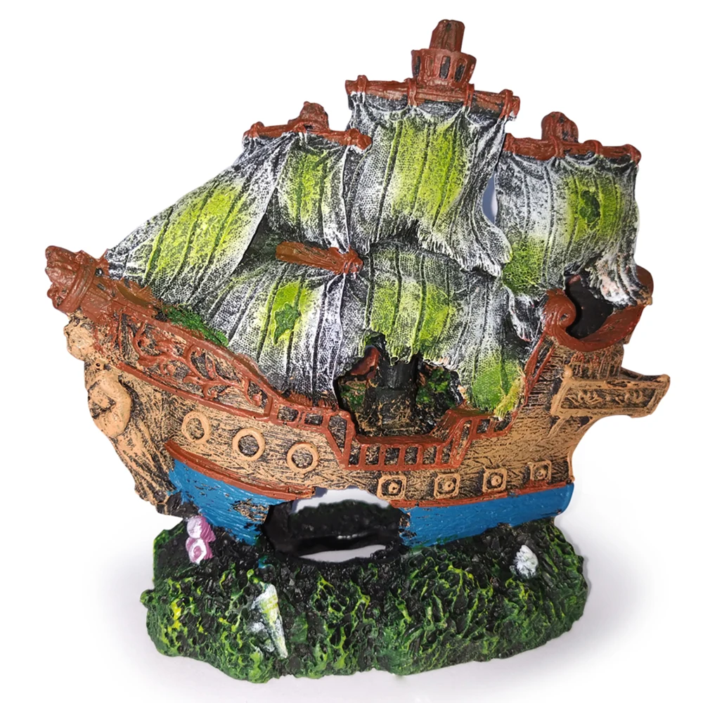 Aquarium Junk Decoration Resin Boat Fish Tank Vintage Hollow Pirate Sailboat with Base Handmade Ornament Wreck Sunk Ship